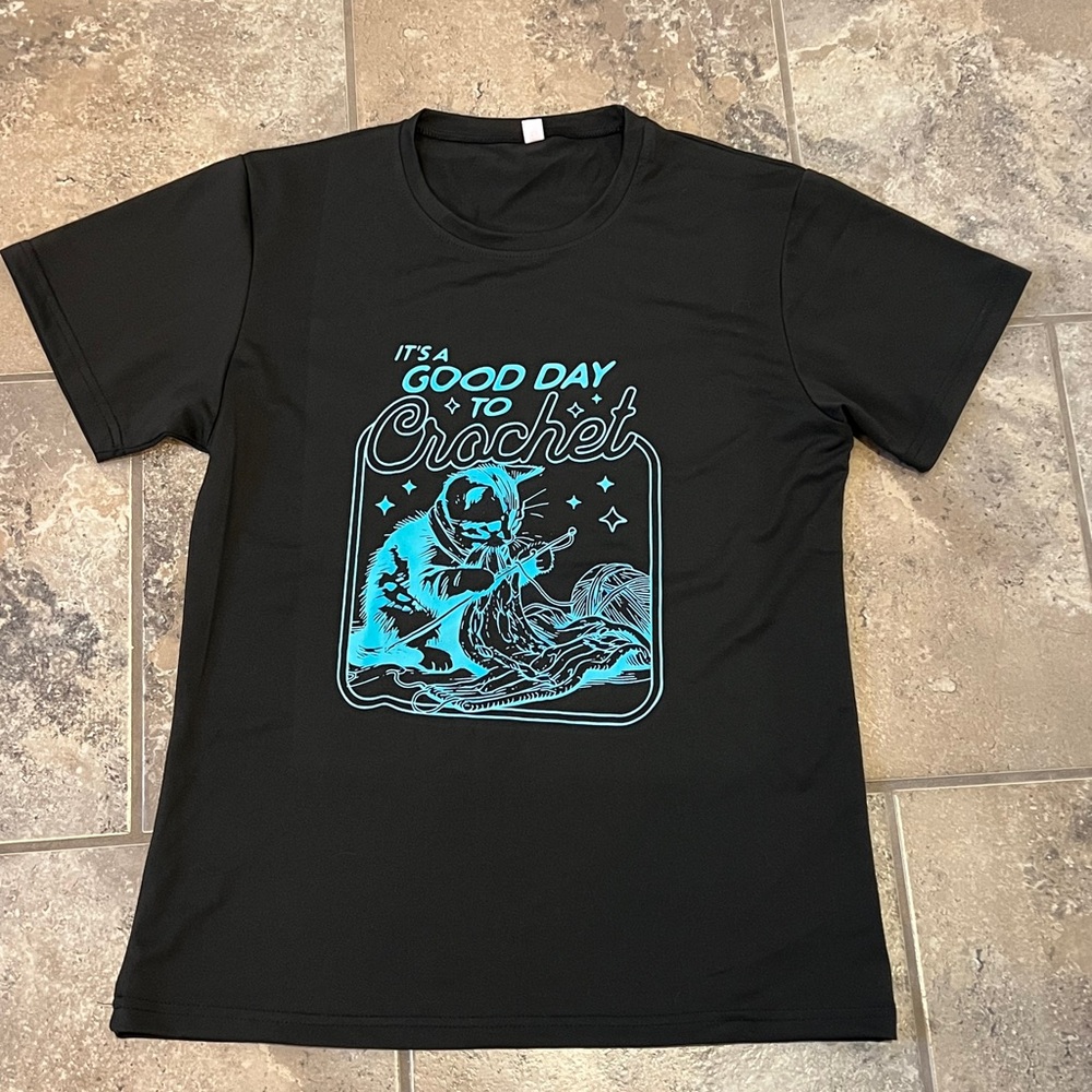 Black T-Shirt with Blue Crochet Graphic